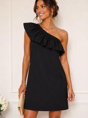 J. Crew Black One-Shoulder Ruffle Shift Dress